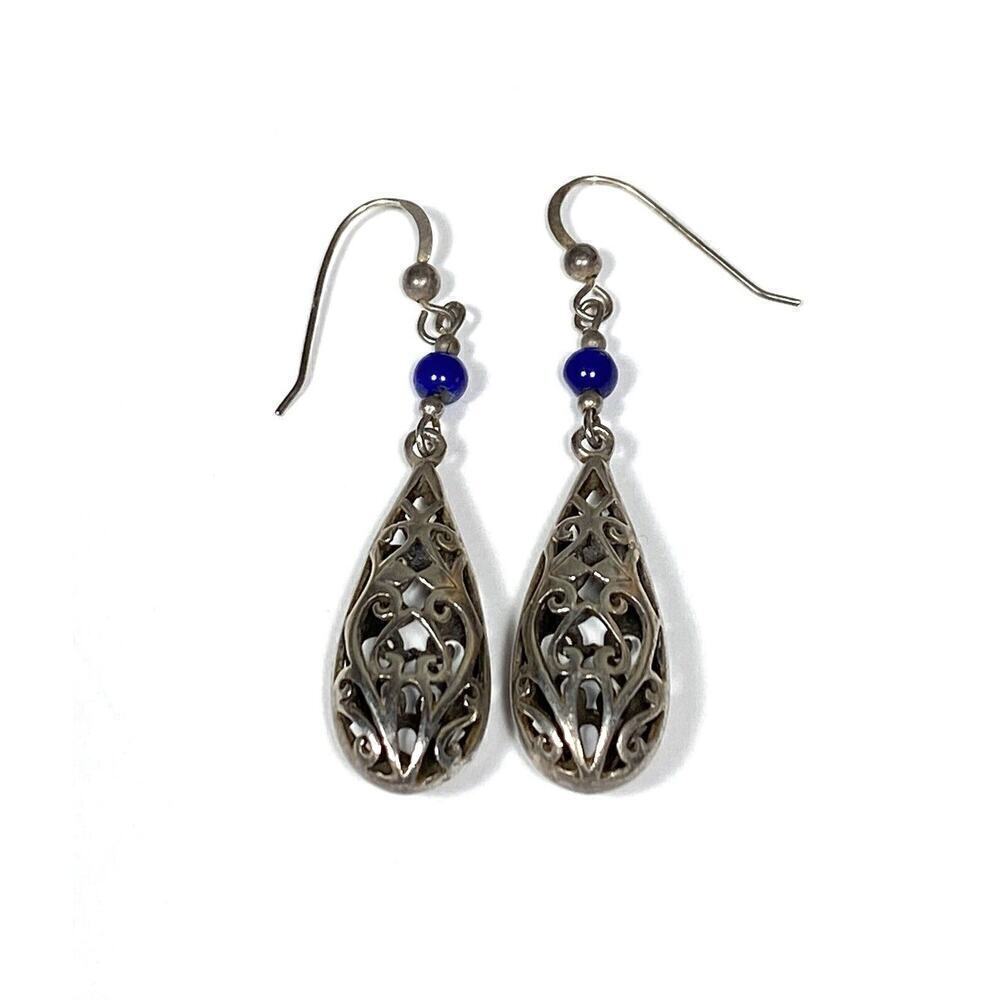925 Sterling Silver Earrings Drops Dangles Bali Blue Lapis Beads 5.70g
